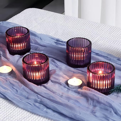 VOHO Large Votive Candle Holders for Table Centerpiece, 6pcs Purple Glass Ribbed Candle Holder for Halloween Decorations, Vintage Tealight Candle Holder for Baby Shower/Easter/Diwali(2.75"W x 2.56"H)