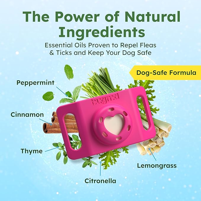 BugMD Paw Guardian Flea & Tick Pendant (2-Pack) with AirTag Holder – Plant-Based Flea & Tick Prevention for Dogs – Pet Collar Tag & GPS Tracker Holder for Dogs – Pink-Mewly Pet