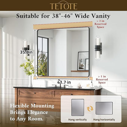 TETOTE 42 x 36 Black Bathroom Mirror Matte Black Metal Framed Vanity Mirror, Tempered Glass, Wall Mounted for Bathroom, Entryway, Bedroom, Living Room(Horizontal/Vertical)
