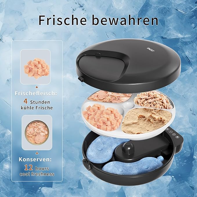 Automatic Cat Feeder Wet Food, Whisker-Friendly Automatic Cat Food Dispenser True 4-Meal Design with Locking Lid, Smart Timer Feeder for Wet Cat/Dog ，2-Ice Packs, Easy to Clean (Black)-Mewly Pet