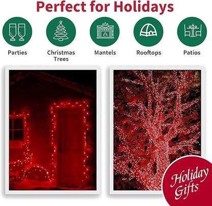 LAMPHOME Super-Bright Extendable RED Christmas Lights Decoration 300 Lights 63.8ft(2pk of 150L) UL Certified Mini Bulb String Lights Set for Outdoor Christmas Tree Garden Holiday Party Patio Decor