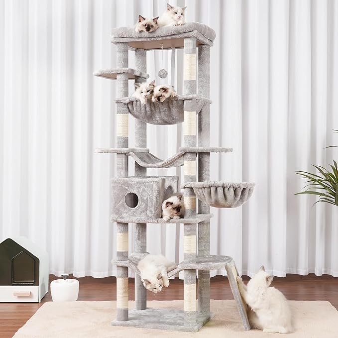 Hey-brother Cat Tree, 69.3-Inches Multi-Level Plush Cat Tower for Indoor Cats with Large Top Perch, Extra Spacious Hammock, 2 Hammocks Ramp, Hanging Ball, Light Gray MPJ037W-Mewly Pet