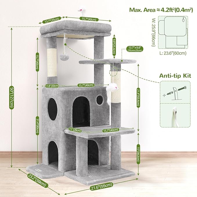 Globlazer Cat Tree Tower for Indoor Cats, 50-inch Adult Cat Tree House for Large Adult Cats with Steps, Scratching Post, 2 Cat Caves, Dangling Toys, FC50, Light Grey-Mewly Pet