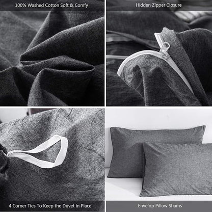 MooMee Bedding Duvet Cover Set 100% Washed Cotton Linen Like Textured Breathable Durable Soft Comfy (Heathered Dark Grey, Oversized Queen 98"x98")