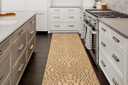 Custom Length Cut to Size Tribal Ethnic Southwestern Inspired Hallway Runner Rug, Non Slip Rubber Backed, 31 inch Wide X Customized Length, Inca Tan, 31 inch X 20 feet