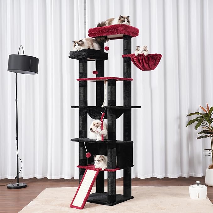 Heybly Tall Cat Tree, 78-inch Multi-Level Cat Tower for Indoor Cats, 2 Widened Plush Perches Cat Condo with Scratching Board and Big Caves, Black and Red HCT033BR-Mewly Pet