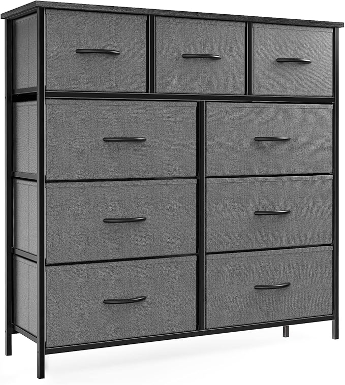 OLIXIS Dresser for Bedroom, 9 Storage Drawers, Wide Fabric Closet Chests Organizer Tower Furniture, TV Stand with Wooden Top Metal Frame for Clothes, Living Room, Hallway, Entryway, Classic Grey
