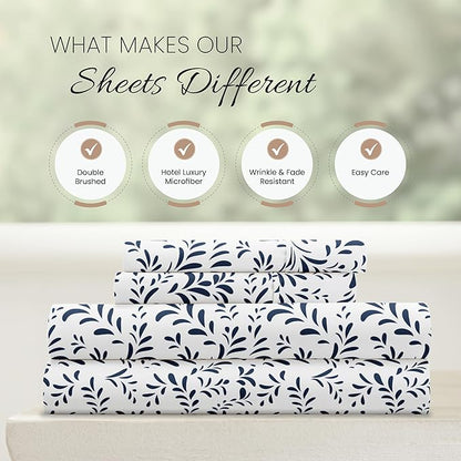 Linen Market Double-Brushed Patterned Microfiber Queen Sheet Set 4 Piece – Oeko-TEX Certified Ultra Soft & Wrinkle-Free - 16" Deep Pocket Sheets - Easy Care Queen Size - Burst of Vines Navy