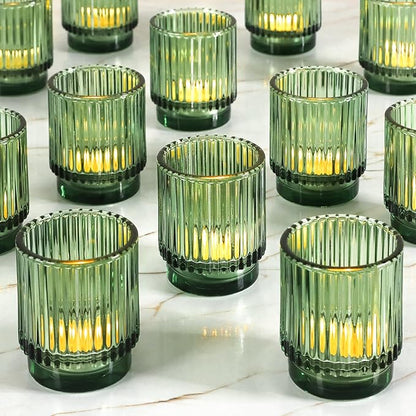 Vintage Ribbed Green Glass Tealight & Votive Candle Holders (Set of 6), Wedding Bridal Shower Party Table Decor, Fall Decor, Boho Decor, Shelf Decoration