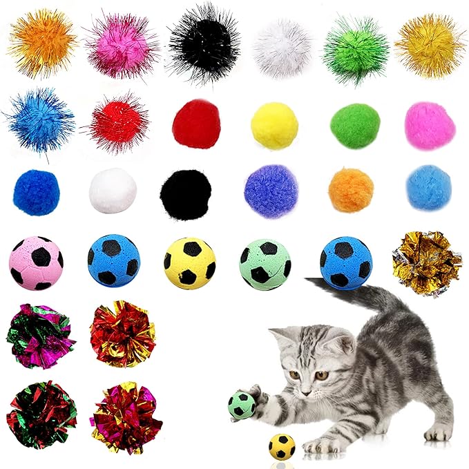 PET SHOW Pack of 30pcs Cat Toy Balls Set Interactive Pompoms Kitten Toys Golden Thread Ball Paper Balls Quiet Indoor Outdoor Footballs Play Activity Chase Training-Mewly Pet