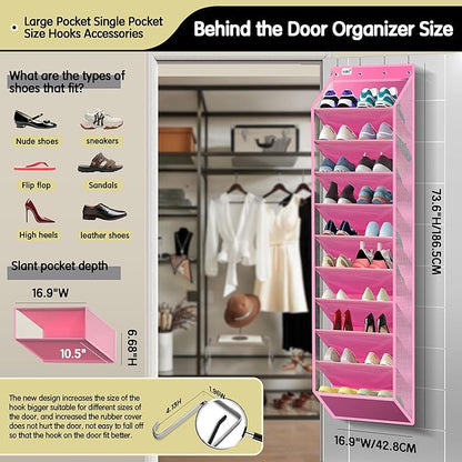 10 Tier Over The Door Organizer - Heavy Duty Hanging Storage Rack with Sturdy Oxford Fabric, Holds 20+ Pairs of Footwear, Boots & Sneakers, Saves 50% Closet Space! (Pink)