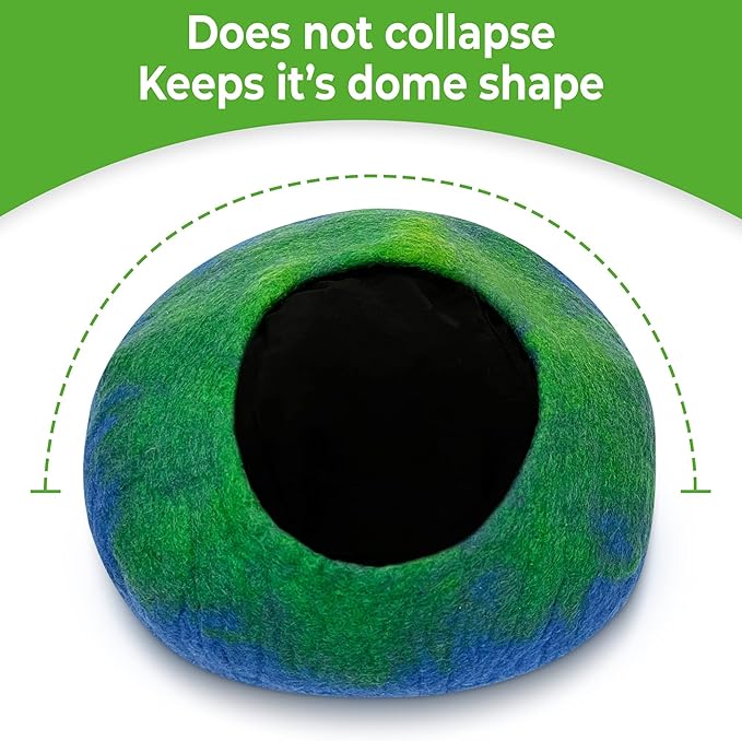 Woolygon Premium Felt Cat Cave Bed – Wool Kitty Beds Handcrafted Kitten Caves Bed for Indoor Cats - Made from 100% Eco-Friendly Merino Wool, Foldable Cat Hidewawy Covered Cat Houses (Emerald Indigo)-Mewly Pet