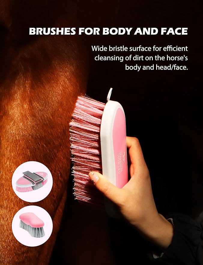 Harrison Howard Horse Grooming Kit 11-Piece Equine Care Series Horse Brush Sets with Organizer Tote Bag Tack Room Supplies Shedding Grooming Massaging Tools Pink Brushstroke Ponies-Mewly Pet