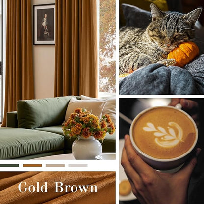 Lazzzy Velvet Blackout Curtains Thermal Insulated Room Window Drapes Super Soft Luxury Curtains for Living Room Bedroom Rod Pocket 2 Panels, Gold Brown, 52" W x 63" L
