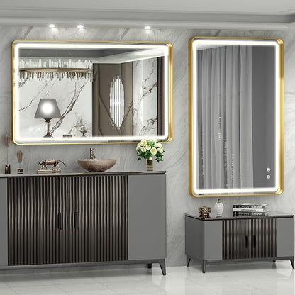Hasipu LED Bathroom Mirror with Lights 40 x 26 Inch, Gold Metal Frame Light Mirror for Vanity Shaving, Wall Mounted Rounded Rectangle Mirror Anti-Fog, Dimmable, 3 Colors (Horizontal/Vertical)