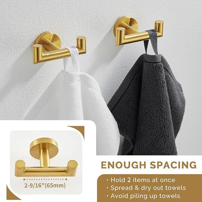 Angle Simple Towel Double Hook Brushed Gold 2 PCS, SUS304 Stainless Steel Bathroom Hand Towel Holder, Double Robe Hook, Wall Mount