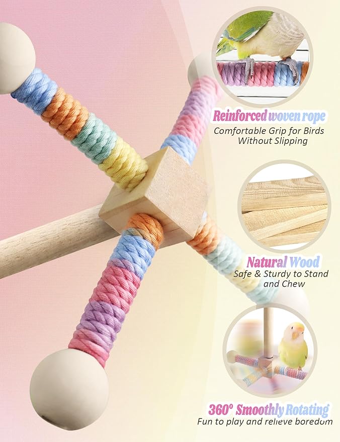 Bird Stand Perch Toy for Small & Medium Birds, 360° Rotating Natural Wooden Parrot Perchs for Bird Cages, Interactive Spinning Toy fo Parrot Parakeets Cockatiels Lovebirds Conures Finches Budgies-Mewly Pet