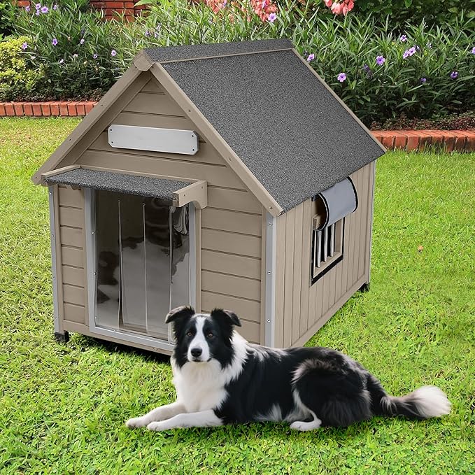 Large Dog House Outdoor Weatherproof, Wooden Dog Kennel Shelter with Anti-Chewing Iron Frame, Removable Floor for Medium to Large Dogs, Easy Clean and Assemble (30.5" L*37.4" W*39.3" H)-Mewly Pet