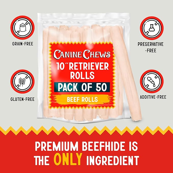 Canine Chews 10" Dog Rawhide Retriever Rolls - Rawhide Bones for Large Dogs (50 pk) - Natural Beef Dog Rawhide Chews - Single Ingredient Dog Rawhide Bones - Large Rawhide Bones for Dogs Dental Chew-Mewly Pet