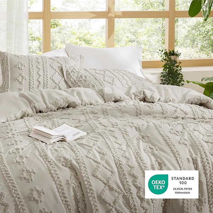 Bedsure Tufted Boho Comforter Set Twin Size - Linen Boho Bed Set, GentleSoft™ 2 Pieces Farmhouse Shabby Chic Embroidery Bedding, Gifts for Woman, Soft Jacquard Twin Comforter for All Seasons
