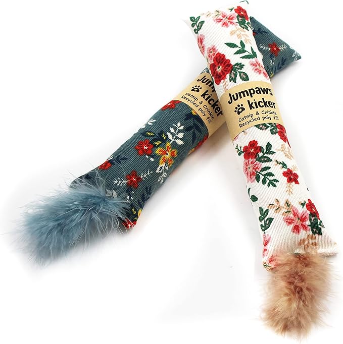 2 Pack Natural Interactive Catnip & Silvervine Cat Kicker with Feathers, Bite Resistant Chew Toy, Crinkle Kicker, Accessories for Indoor Cat, Premium Corduroy Floral-Mewly Pet