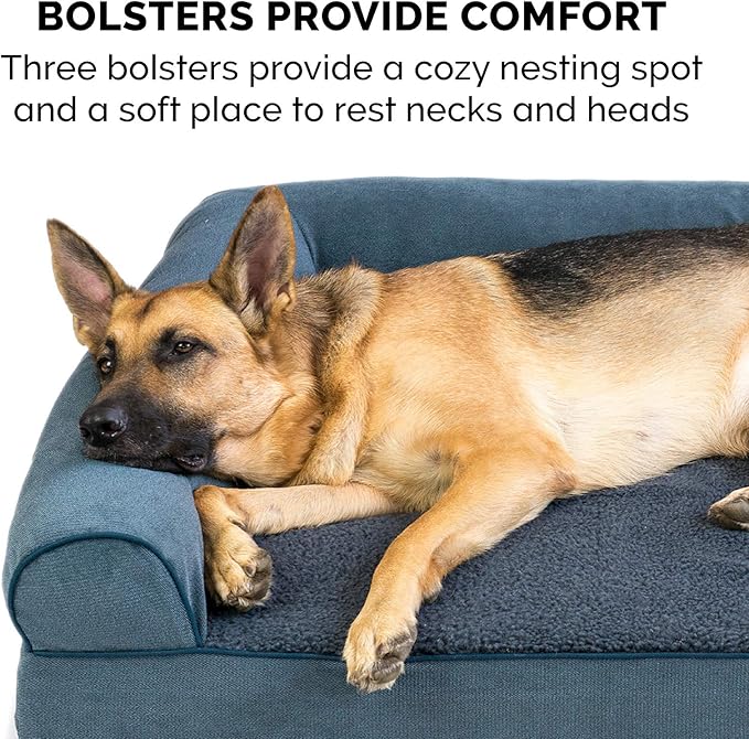Furhaven Orthopedic Dog Bed for Large Dogs w/ Removable Bolsters & Washable Cover, For Dogs Up to 125 lbs - Sherpa & Chenille Sofa - Orion Blue, Jumbo Plus/XXL-Mewly Pet