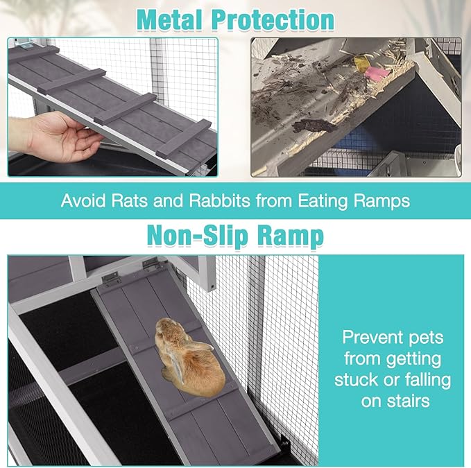 62" Rabbit Hutch with Chew-Proof Ramp & Waterproof Roof - Indoor/Outdoor Bunny Cage, 2-Story Design, 6 Lockable Caster Wheels & Dual Pull-Out Trays (Grey)-Mewly Pet