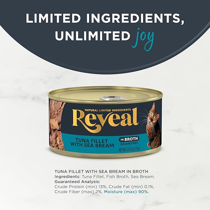 Reveal Natural Wet Cat Food, 24 Count, Grain Free, Limited Ingredient Canned Food for Cats, Tuna with Sea Bream in Broth, 2.47 oz Cans-Mewly Pet