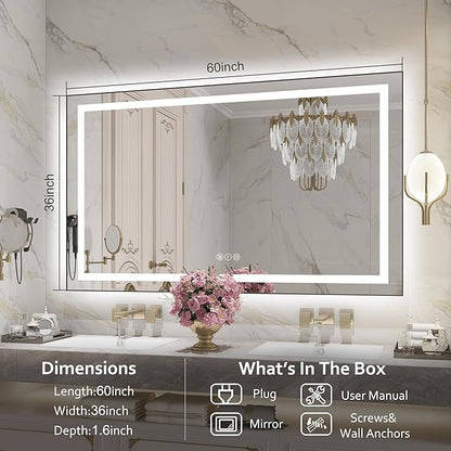 60"x 36" LED Bathroom Mirror with Black Frame, Bathroom Mirror with Lights Front and Backlit, Lighted Mirror Stepless Dimmable, Anti-Fog, Memory, LED Vanity Mirror with Lights 3 Colors