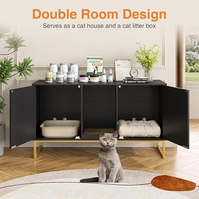 Litter Box Enclosure for 2 Cats, Fluted Hidden Cat Litter Box Furniture with Scratch Pad and Metal Legs, Modern Double Room Kitty House for Living Room, Washroom, 47.2”L x 17.7”W x 25.9”H, Black-Mewly Pet