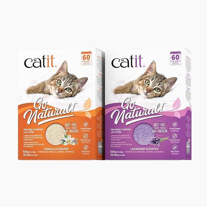 Catit - Go Natural Pea Husk Clumping Cat Litter - Lightweight, Dust Free, Easy Cleaning & Scooping, Flushable Kitty Litter with Odor Control & Subtle Fragrance - 12.3 Lbs, Vanilla Scented-Mewly Pet