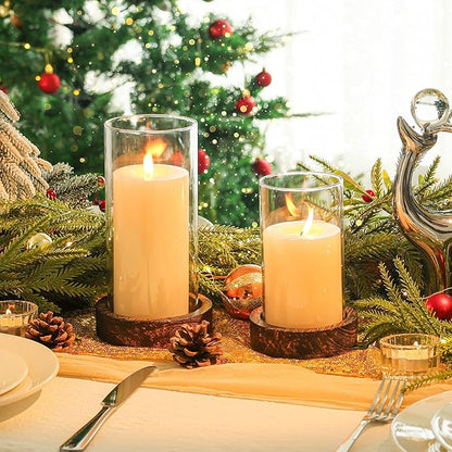 Set of 2 Hurricane Candle Holders with Wood Base & Glass Cylinder (4.2x5.9” & 4.6x7.8”) – Rustic Wooden Candle Holders for Home Decor, Weddings, Table Centerpieces