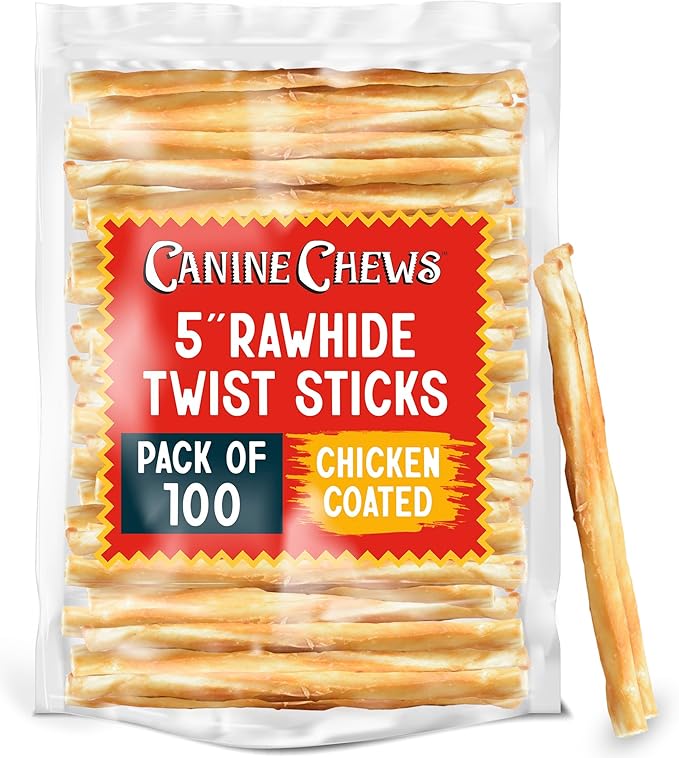 Canine Chews 5" Chicken Coated Sticks - Pack of 100 Chicken Wrapped Rawhide Dog Treats - 100% Real USA-Sourced Chicken Coating - Protein-Dense Chicken Wrapped Dog Treats Rawhide Chews-Mewly Pet