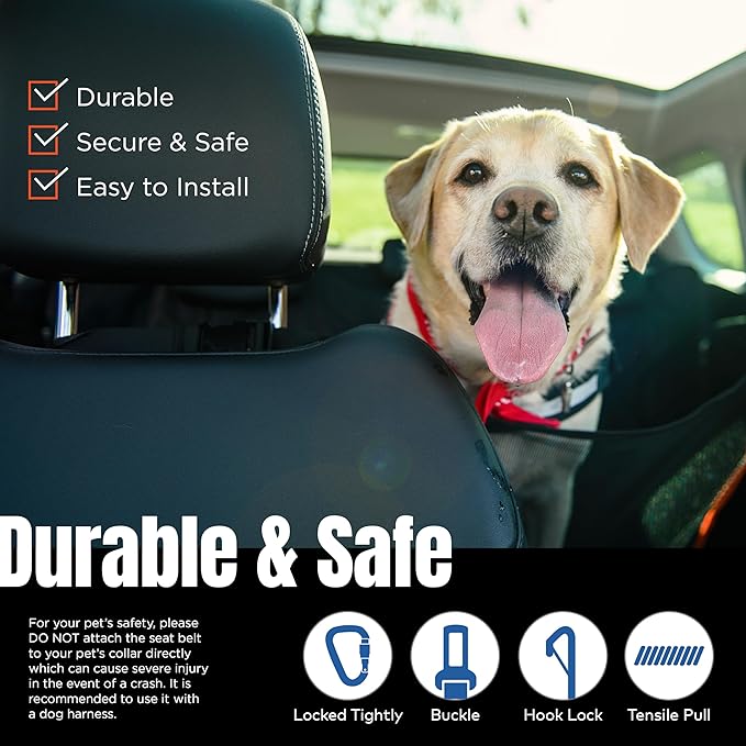 Dog Seat Belt for Car | Universal Dog Car Seatbelt | Durable Reflective Rope with Clip Hook Latch, Buckle and Alloy Carabiner- Safe and Secure Pet Safety Restraint-Mewly Pet