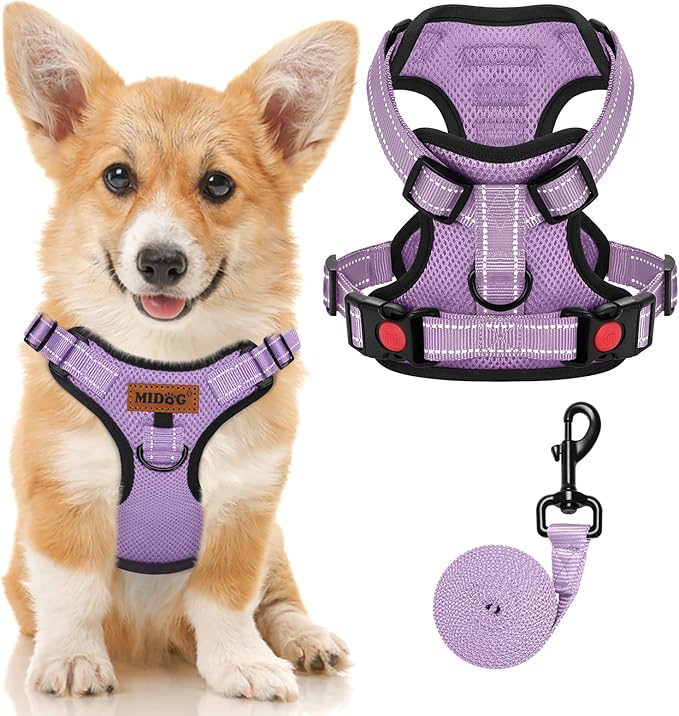 MIDOG No-Pull Dog Harness | Adjustable & Reflective Pet Harness Leash Set for Small Medium Large Dogs Walking, Training| No Choke, Front Clip, Soft Padded Vest with Easy Control Handle - Purple, S-Mewly Pet