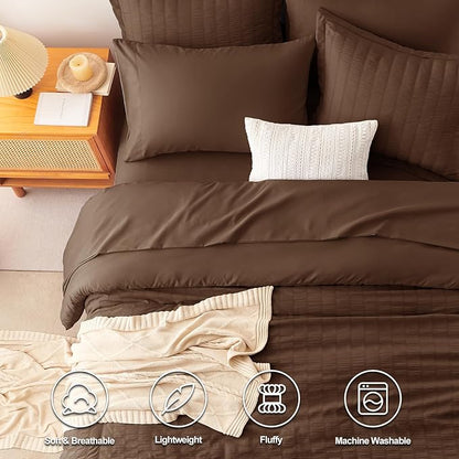 CozyLux King Size Comforter Set Brown Seersucker 7 Pieces Bed in a Bag King Comforter Set with Sheets, Luxury Soft Bedding Set with Down Alternative Comforter, Sheets, Pillowcases & Shams All Seasons
