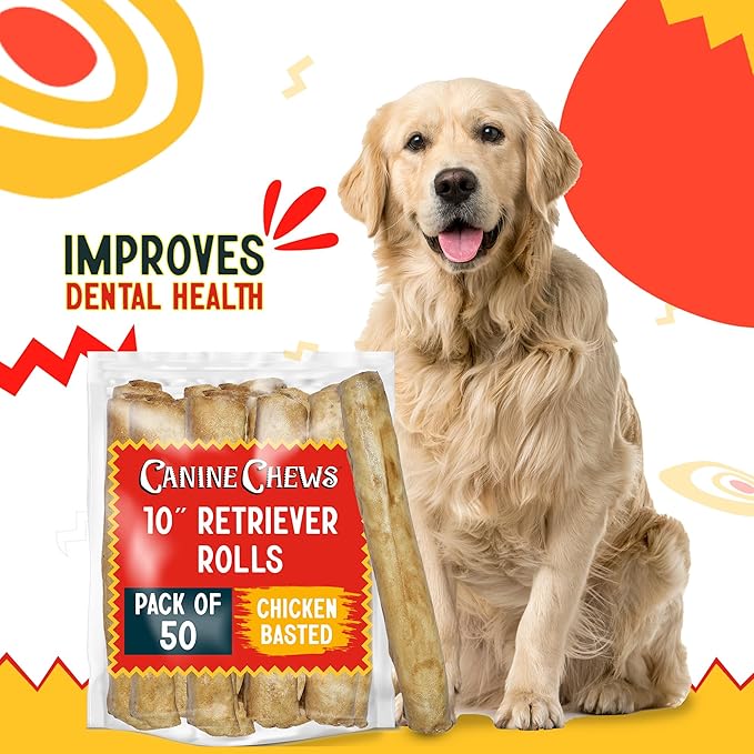 Canine Chews 10" Chicken Basted Dog Rawhide Retriever Rolls (50 Pack) - Natural Beef Dog Rawhide Chews - Healthy Dental Chews-Mewly Pet