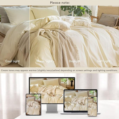 MooMee Bedding Duvet Cover Set 100% Washed Cotton Linen Like Textured Breathable Durable Soft Comfy (Solid Cream White, Full 80"x90")