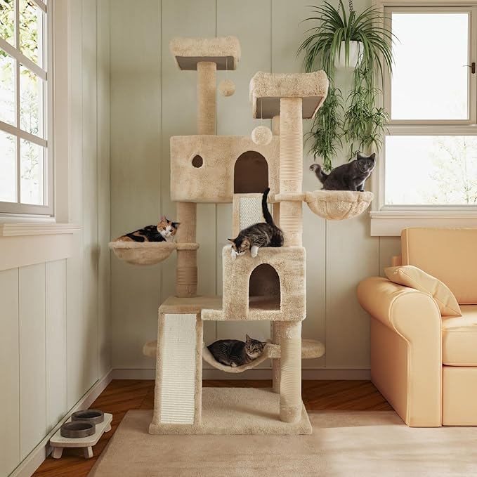 MUTICOR 66 Inches Multi-Level Large Cat Tree Tower for Indoor Big Feline/Cozy Plush Perches/Condo/Sisal Scratching Posts/Hammock and Baskets/Activity Center Play House/Wide Base/Beige-Mewly Pet