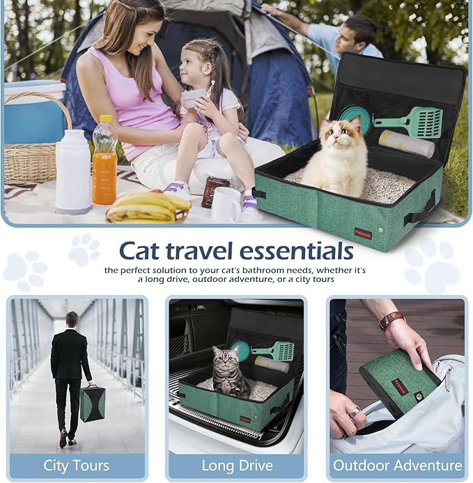 Portable Cat Travel Litter Box. Zipped Lid, Collapsible Litter Box for Cats. No Leakage, No Smell. Easy to Carry. Used for Hotels, Camping, Car (Green, M)-Mewly Pet