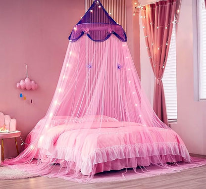 Bed Canopy with Lights,Bed Canopy for Girls Canopy Bed Curtains Girls Bedroom Decor for Twin to King Size Bed (Purple and Pink)