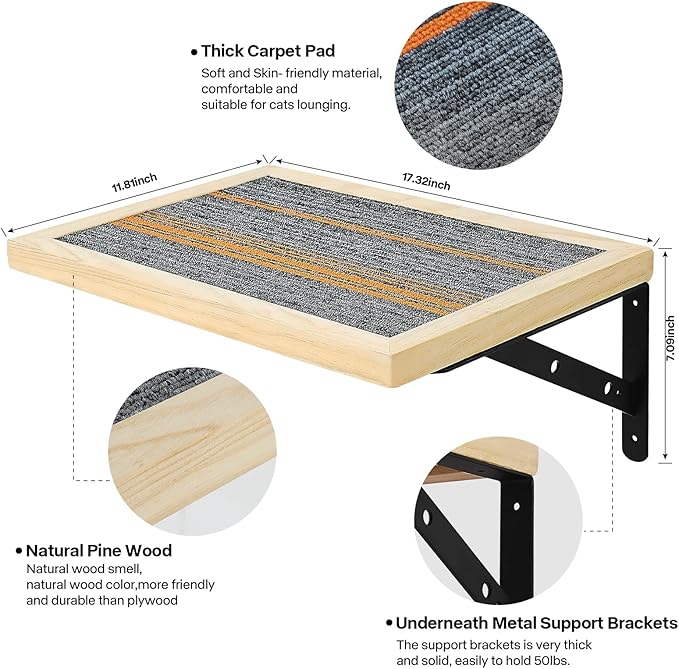 Handcrafted Wood Cat Perch & Shelves - Floating Shelf with Cat Hammock Seat, Lounge Bed, Climbing Steps for Relaxing, Playing and Scratching-Mewly Pet