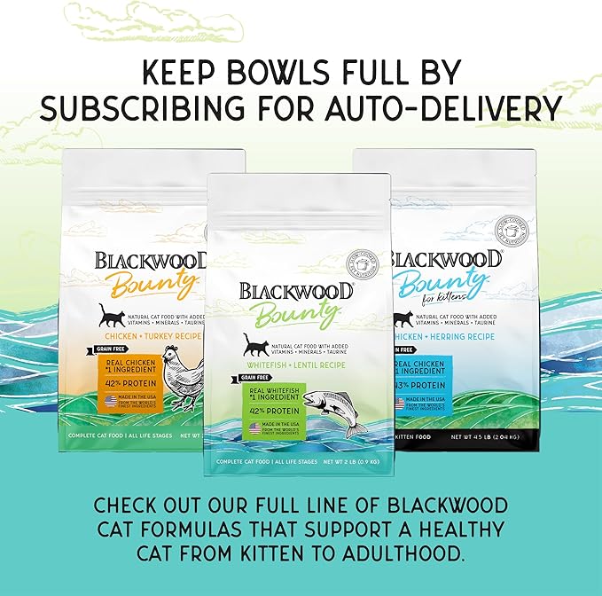 Blackwood Bounty Dry Cat Food, Whitefish & Lentil Recipe for All Life Stages, 2 Pound Bag, High Protein, Grain Free (Pack of 4)-Mewly Pet