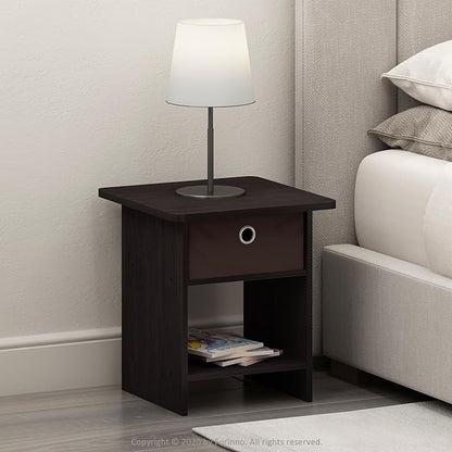 Furinno Dario End Table / Side Table / Night Stand / Bedside Table with Bin Drawer, 2-Pack, Dark Walnut