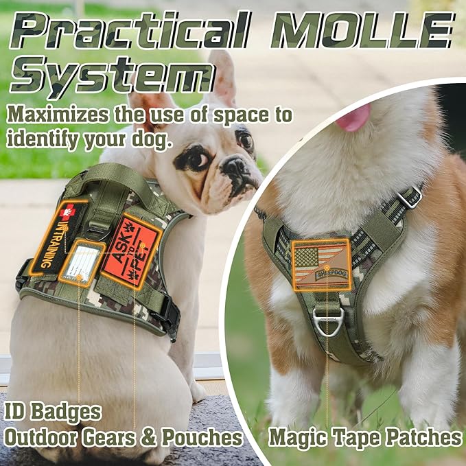 rabbitgoo Tactical Dog Harness for Small Dogs, No Pull Military Service Vest with Handle & Molle, Easy Control for Training Walking, Adjustable Reflective Straps, Green camo, S-Mewly Pet
