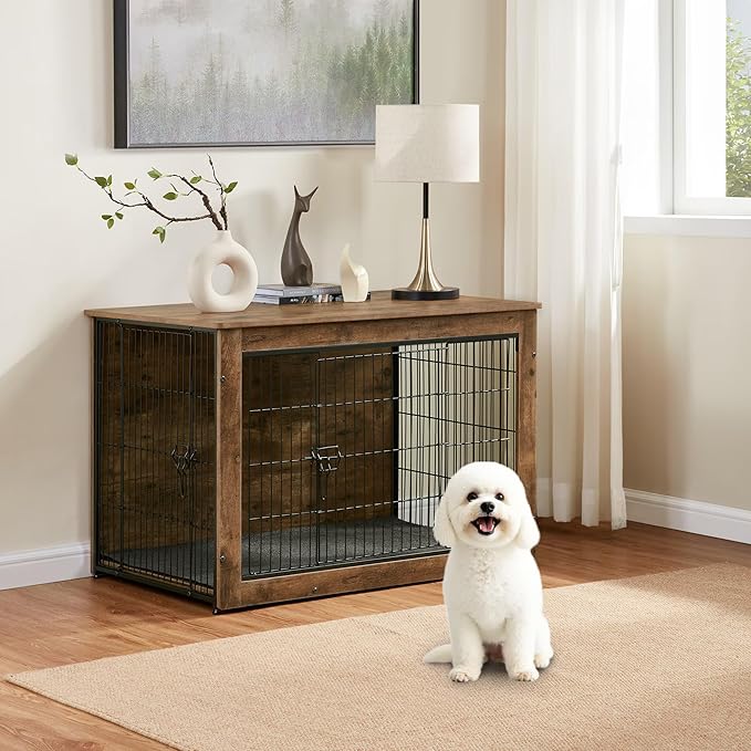 Dog Kennel Furniture, Wooden Dog Crate End Table with Dual Doors, Chew-Proof Design & Cushion, Heavy Duty Dog Crate, Decorative Pet Crate Dog Cage for Indoor (27 Inch)-Mewly Pet