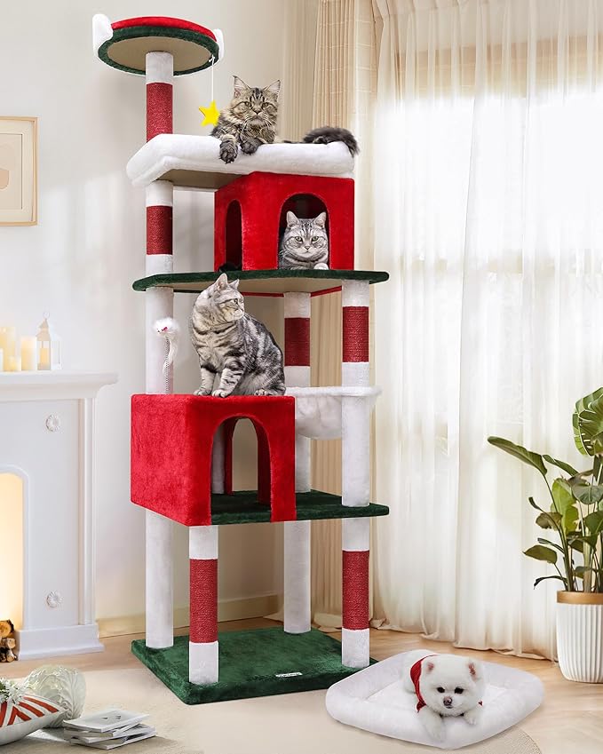 Globlazer Heavy Duty Cat Trees for Large Cats, Sturdy 72in Maine Coon Cat Tree for Large 20 lbs+ Heavy Duty Cat Tower for Adult Biggest Cats with 6 Scratching Posts, Hammock, S72, Red White Green-Mewly Pet