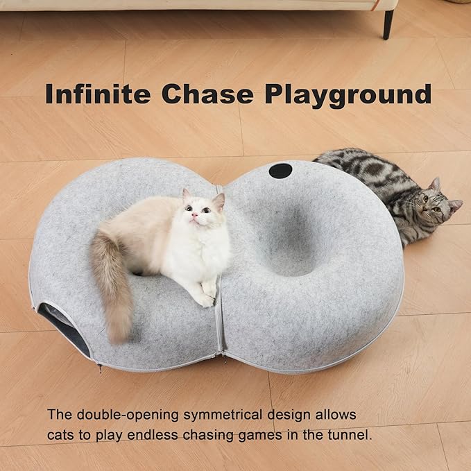 8-Shaped Large Cat Tunnel Bed for Indoor Cats, Infinite Circulation Peekaboo Cat Cave with 12 Toy Balls, Cat Donut Tunnel for Cats up to 30 Pounds (Light Grey, L 38x24x11in)-Mewly Pet