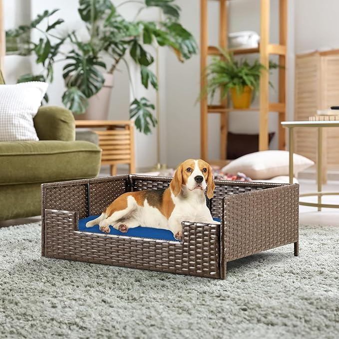 YITAHOME Rattan Dog Sofa Bed with Cushion,Wicker Pet Bed Sofa Couch Indoor Outdoor Water Unaffected for Large Medium Small Dogs Cats (24.8''L*19.7''W*9.8'',Blue)-Mewly Pet