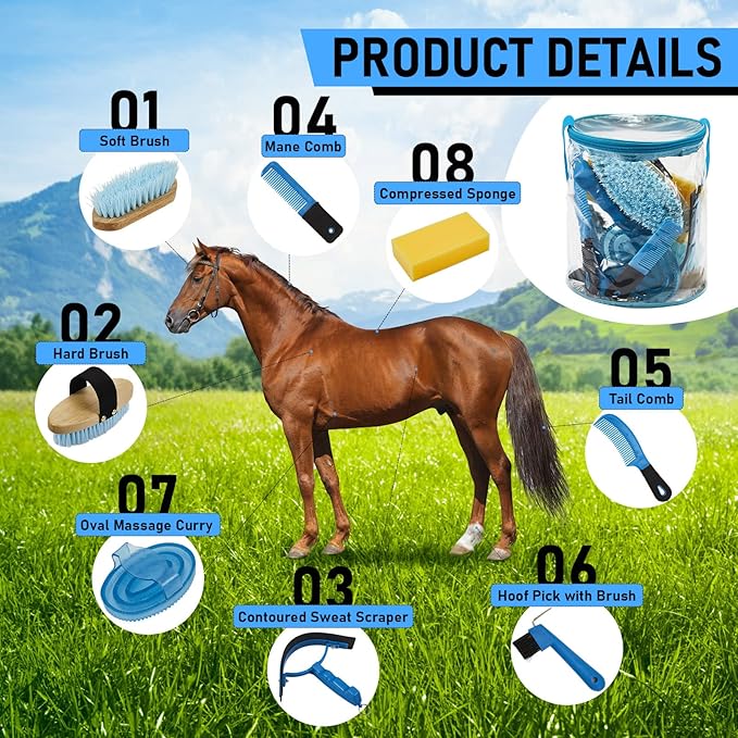 9 Pieces Horse Grooming Kit Tack Room Supplies Set with Organizer Tote Bag, Oval Massage Curry, Hard and Soft Brush, Hoof Pick, Sweat Scraper, Bathing Sponge, Combs for Horse Riders Beginners (Blue)-Mewly Pet